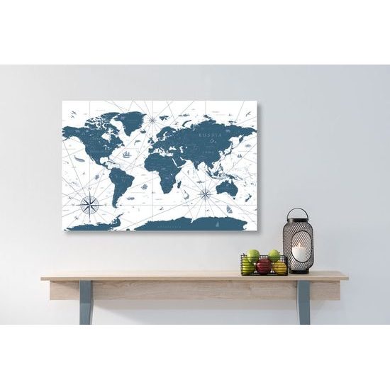 Obraz mapa světa s historickým nádechem v modrém provedení