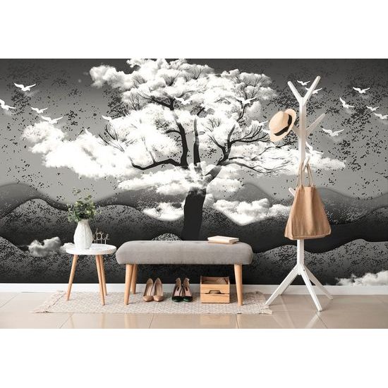 Samolepící tapeta černobílý strom v oblacích