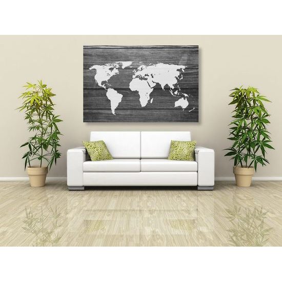Obraz moderní mapa světa na dřevěném podkladu v černobílém provedení