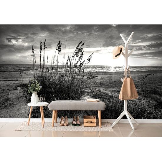 Originální černobílá samolepící fototapeta západ slunce z pláže