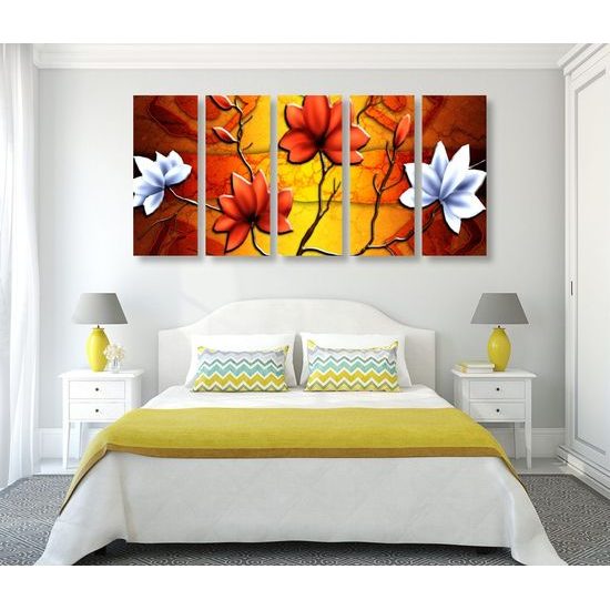 5-dílný obraz hieroglyfy a africké květiny