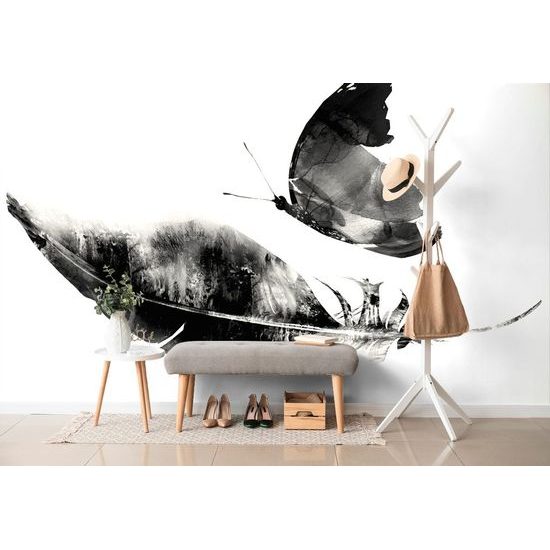 Samolepící tapeta černobílý motýl s pírkem