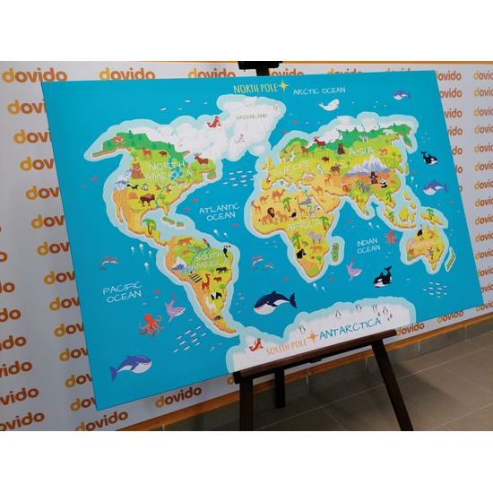 Obraz mapa světa pro děti s kreslenými zvířátky