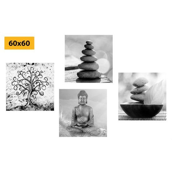 Set obrazů Feng Shui předměty v černobílém provedení