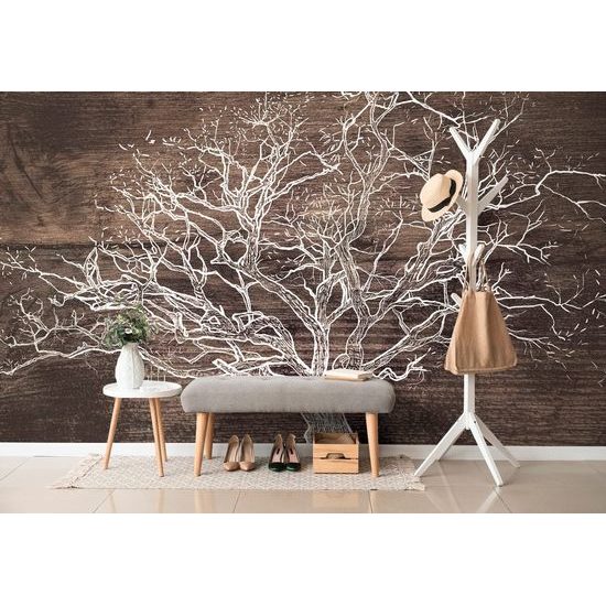 Samolepící tapeta majestátní koruna stromu na dřevěném pozadí
