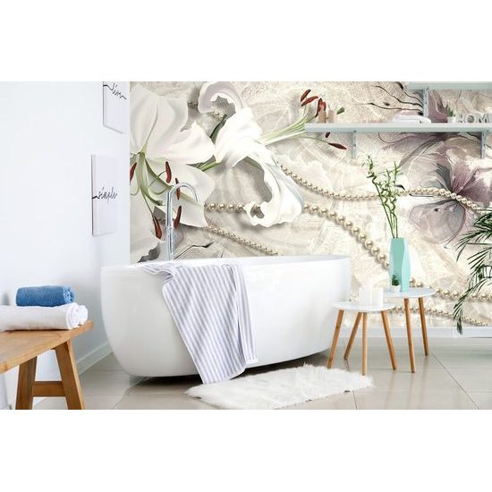 Zajímavá samolepící tapeta perly s bílou lilií