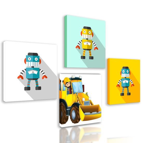 Set obrazů roboti na veselém pozadí