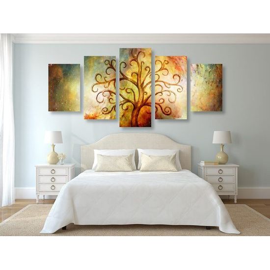 5-dílný obraz strom života na abstraktním pozadí