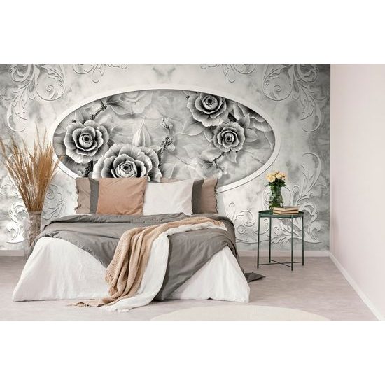 Tapeta černobílé růže s ornamentem ve vintage stylu
