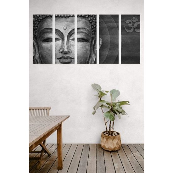 5-dílný obraz meditující Buddha v černobílém provedení
