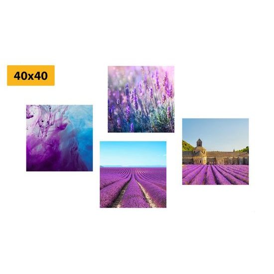 Set obrazů levandulová pole s fialovou abstrakcí