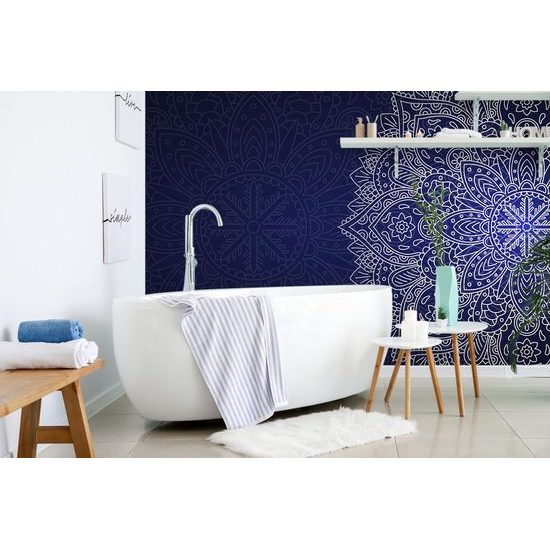 Originální samolepící tapeta bílý ornament na modrém pozadí