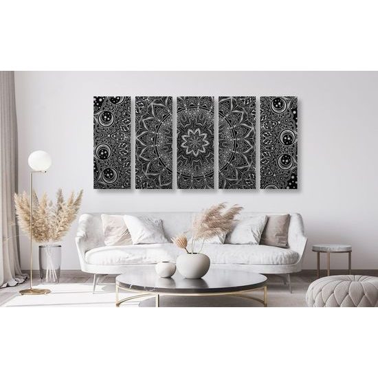 5-dílný obraz starodávná Mandala v černobílém provedení