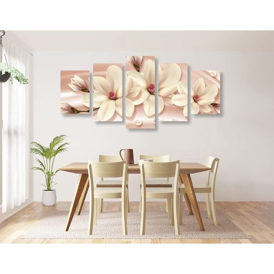 5-dílný obraz půvabná béžová magnolie