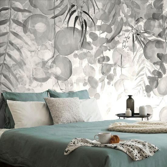 Tapeta něžné tropické listy v černobílém provedení