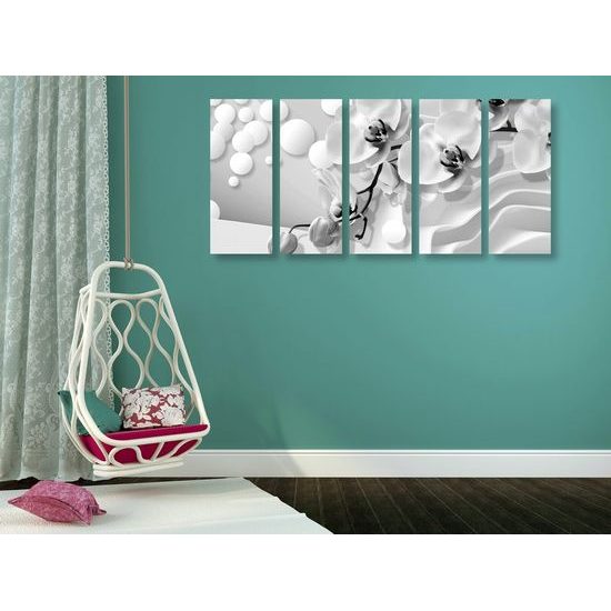 5-dílný obraz jemné znázornění orchideje v černobílém provedení