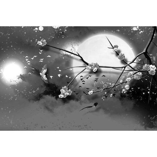 Samolepící tapeta černobílá kresba větve s květinami při úplňku měsíce
