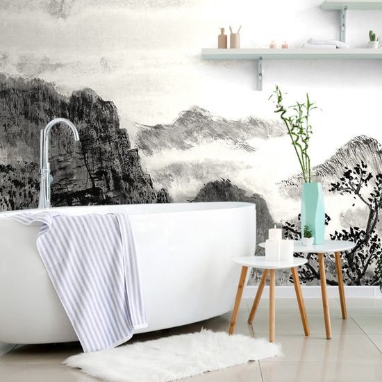 Samolepící tapeta černobílá malba čínské země