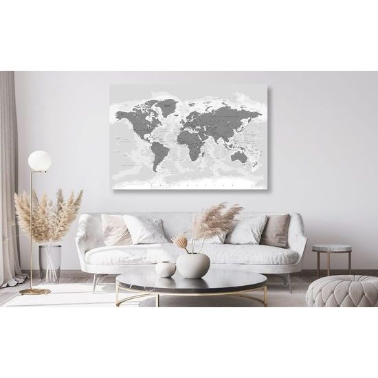 Obraz na korku mapa světa v něžném černobílém provedení