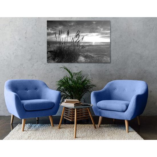 Obraz černobílý západ slunce z pláže