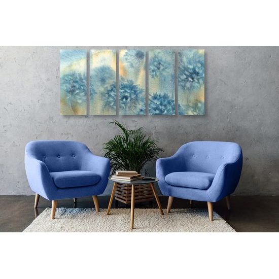 5-dílný obraz akvarelová malba pampelišky v odstínech modré