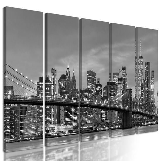 5-dílný obraz noční pohled na most Brooklyn v černobílém provedení