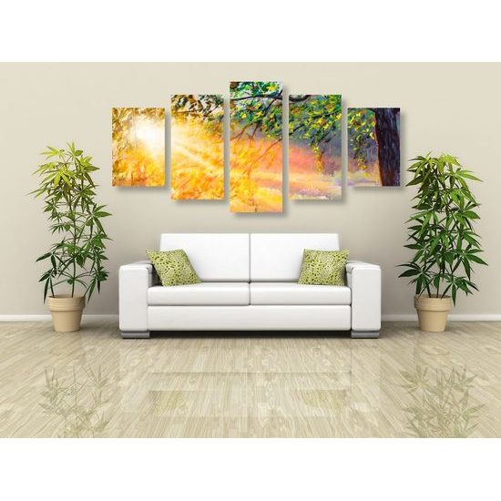 5-dílný obraz probouzející se les v paprscích slunce
