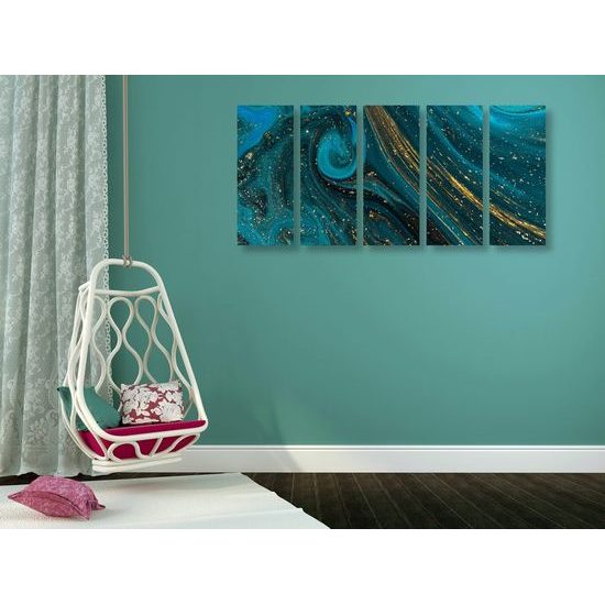 5-dílný obraz abstrakce v petrolejově zlatých barvách