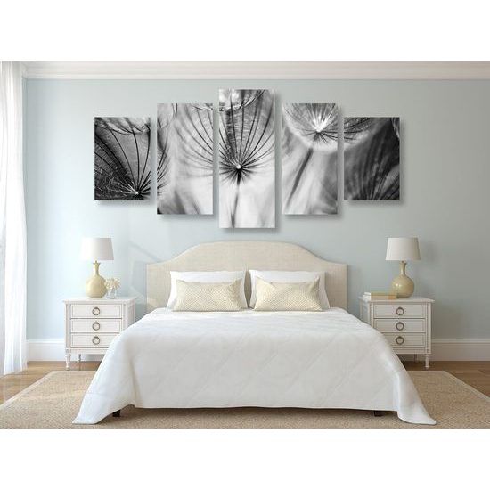5-dílný obraz abstraktní pampeliška v černobílém provedení