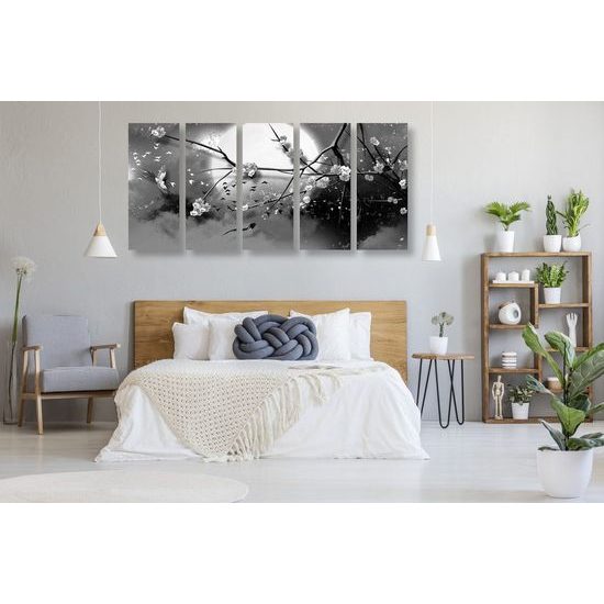 5-dílný obraz ptáčci létající za úplňku měsíce v černobílém provedení