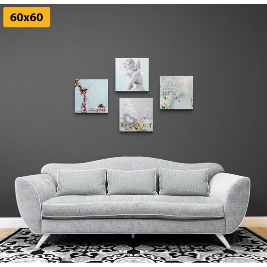 Set obrazů něžné světle modré zátiší s andílkem