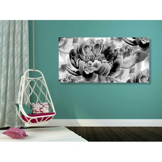 Obraz vintage pivoňky v černobílém provedení
