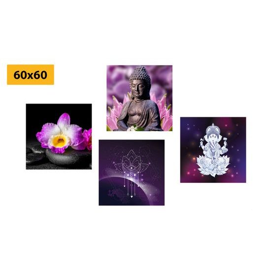 Set obrazů symboly Feng Shui ve fialových barvách