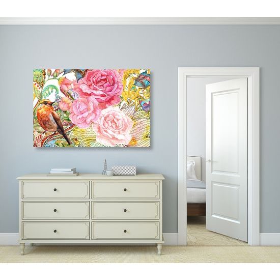 Obraz ptáček a pivoňky ve vintage provedení