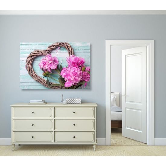 Obraz květiny a dřívko ve tvaru srdce