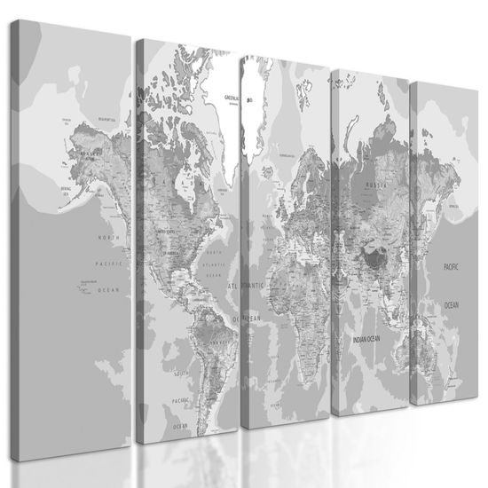 5-dílný obraz geografická mapa světa v černobílém provedení