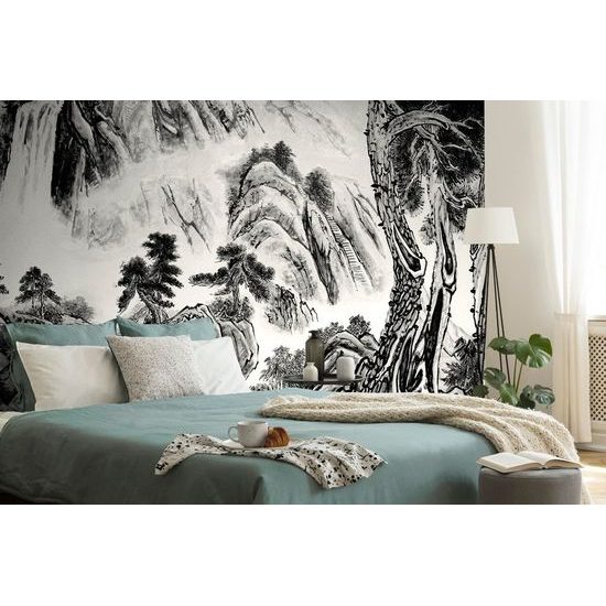 Samolepící tapeta černobílá malba čínské země