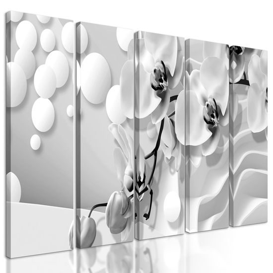 5-dílný obraz jemné znázornění orchideje v černobílém provedení