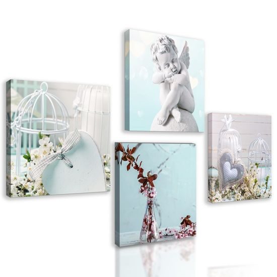 Set obrazů něžné světle modré zátiší s andílkem