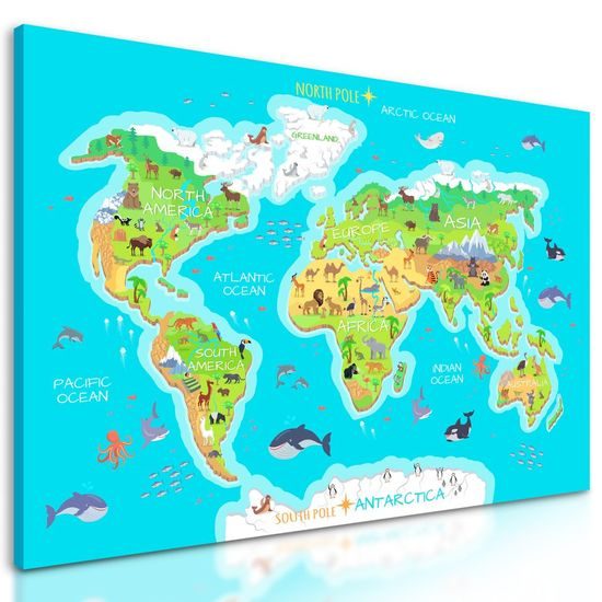 Obraz mapa světa pro děti s kreslenými zvířátky