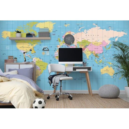 Samolepící tapeta přehledná mapa světa na modrém pozadí