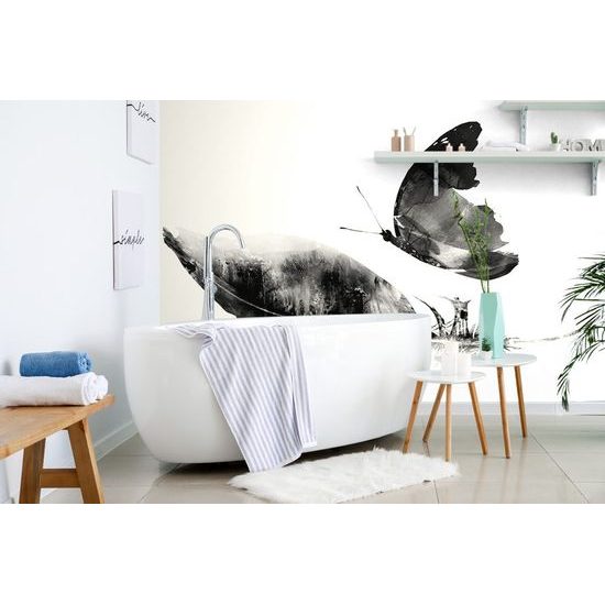 Samolepící tapeta černobílý motýl s pírkem