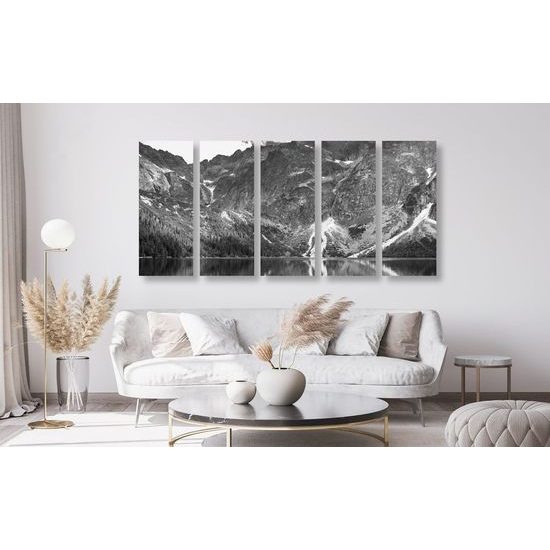 5-dílný obraz pleso v Tatrách v černobílém provedení