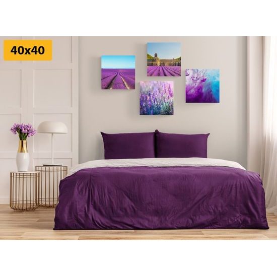 Set obrazů levandulová pole s fialovou abstrakcí