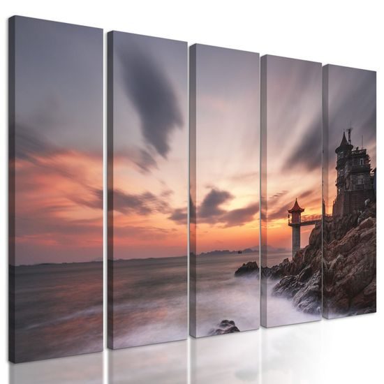 5-dílný obraz slunce zapadající za maják