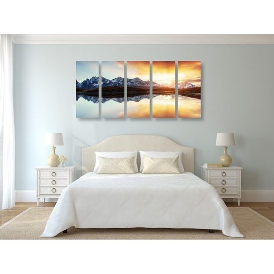 5-dílný obraz fascinující západ slunce nad horským plesem