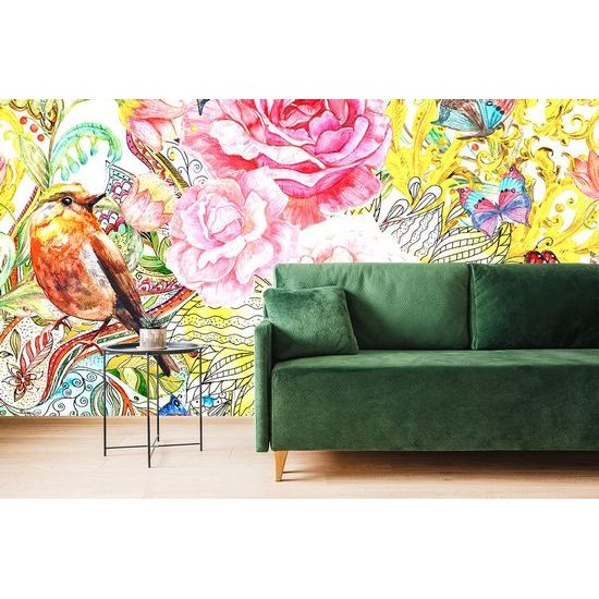 Samolepící tapeta ptáček s motýly ve vintage provedení