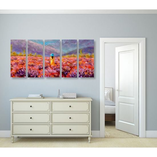 5-dílný obraz žena uprostřed květinové louky