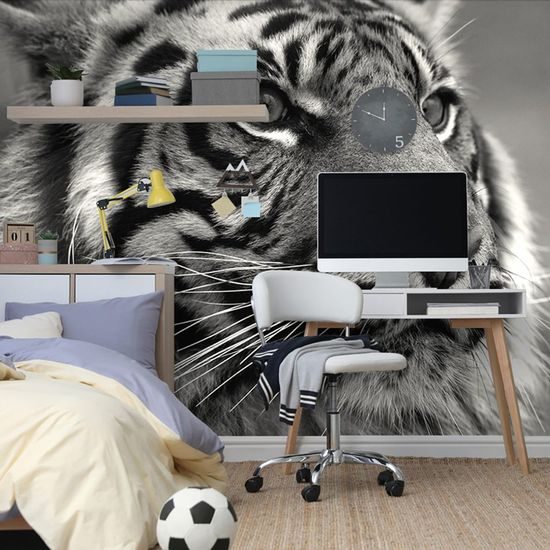 Samolepící fototapeta soustředěný pohled tygra v černobílém provedení