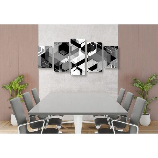 5-dílný obraz futuristická abstrakce tvarů v černobílém provedení